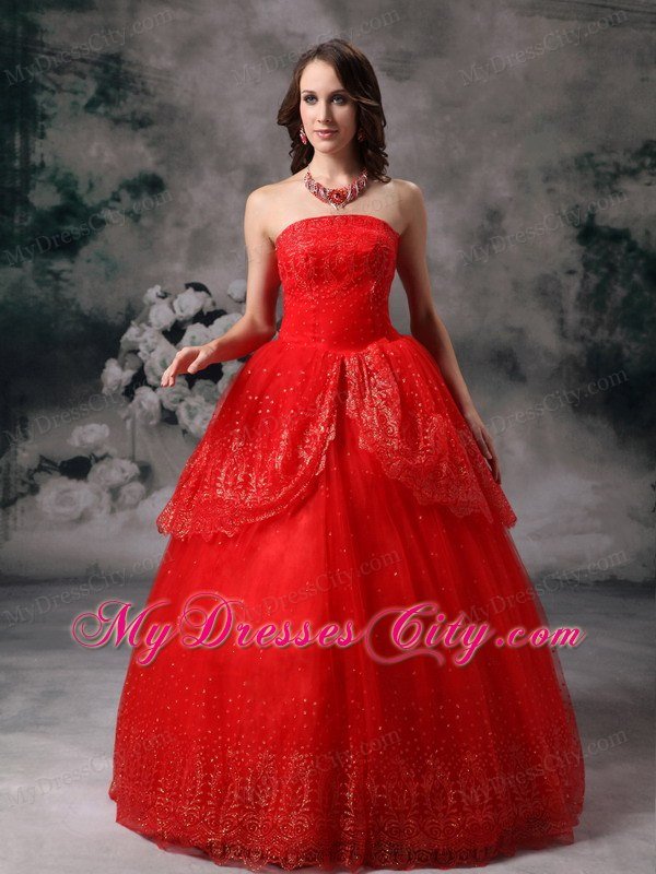 Red Strapless Quinceanera Dress for Prom Sequin Floor-length