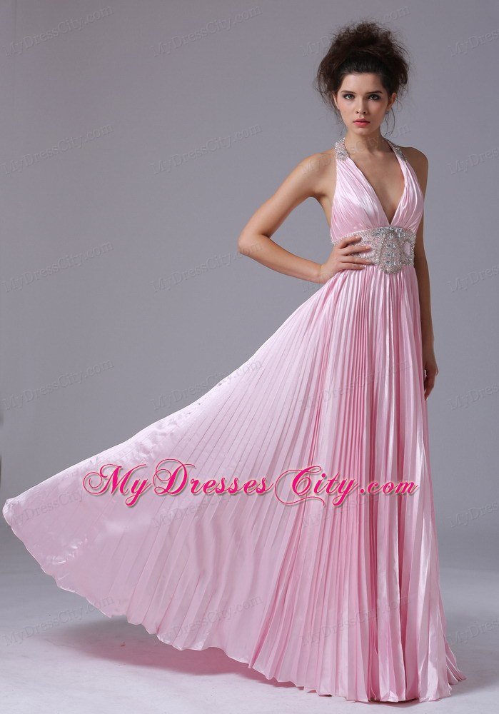 Sexy Halter Pleats Beaded Baby Pink 2013 Prom Dress for Girls