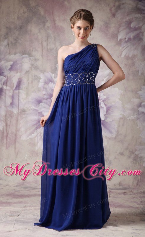 Empire One Shoulder Ruching Navy Blue Chiffon Beading Prom Dresses