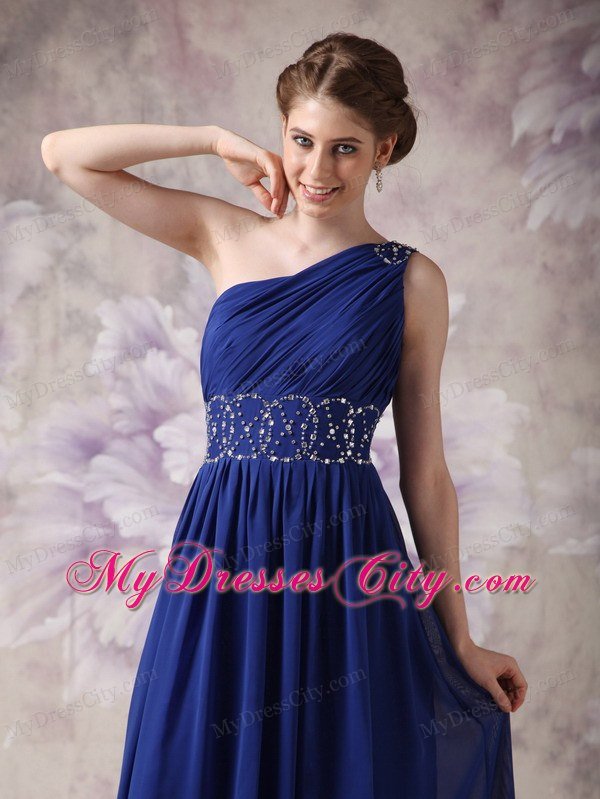 Empire One Shoulder Ruching Navy Blue Chiffon Beading Prom Dresses