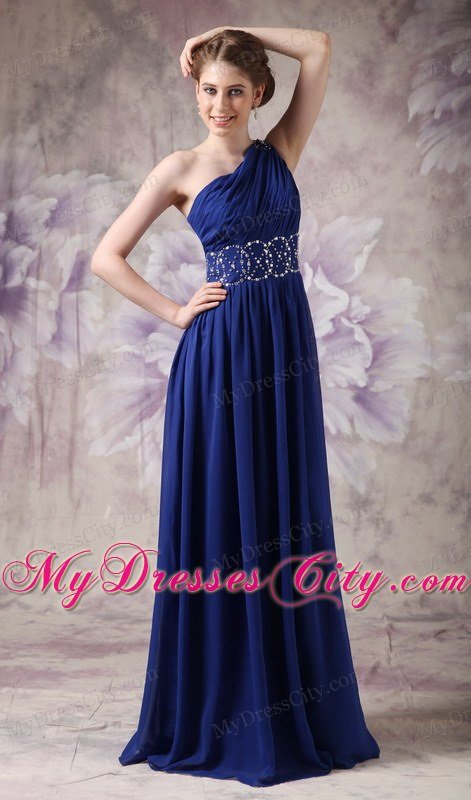 Empire One Shoulder Ruching Navy Blue Chiffon Beading Prom Dresses