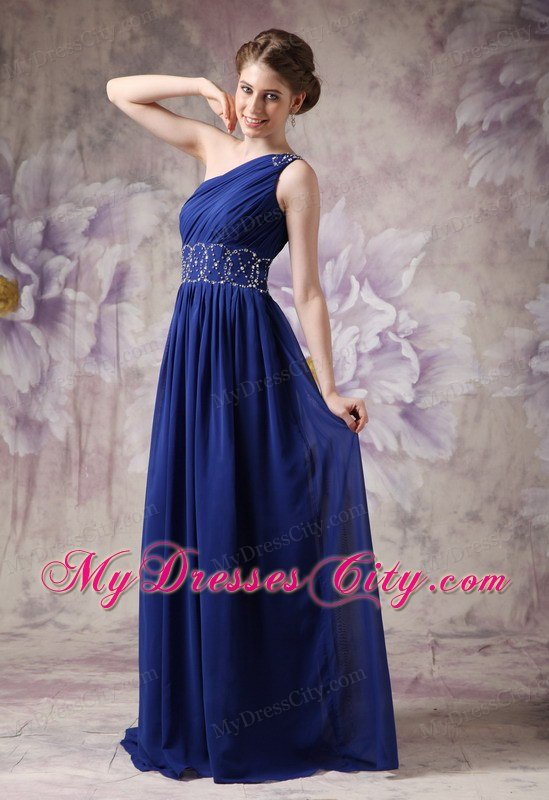 Empire One Shoulder Ruching Navy Blue Chiffon Beading Prom Dresses