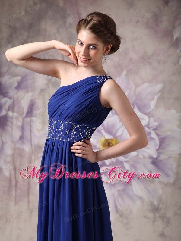 Empire One Shoulder Ruching Navy Blue Chiffon Beading Prom Dresses