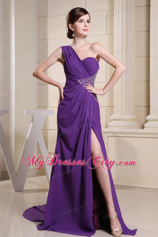 High Slit One Shoulder Beaded Ruching Chiffon Purple Prom Dresses