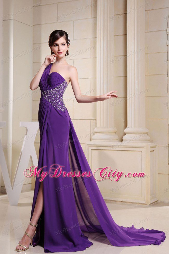 High Slit One Shoulder Beaded Ruching Chiffon Purple Prom Dresses