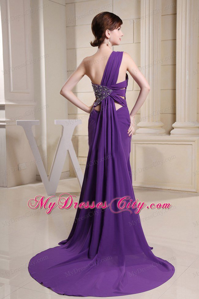 High Slit One Shoulder Beaded Ruching Chiffon Purple Prom Dresses