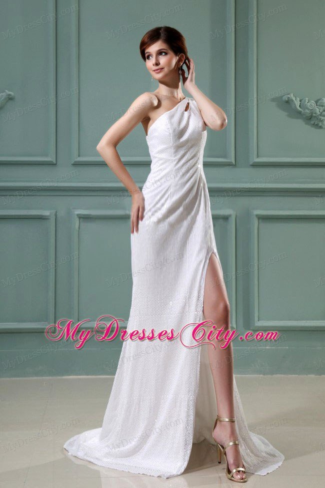 One Shoulder High Slit Chiffon Court Train Prom Dress with Ruching