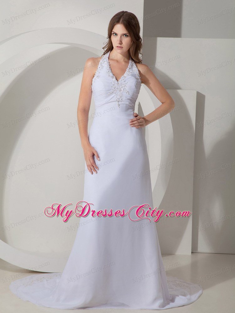 Halter Beaded Court Train Chiffon 2013 White Prom Dresses