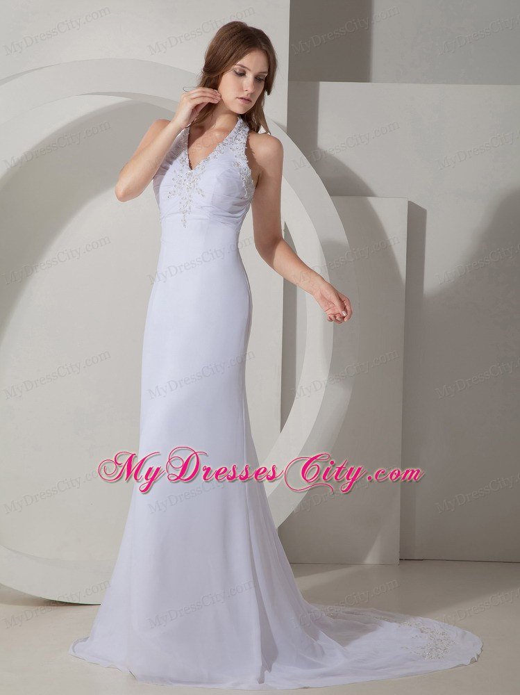 Halter Beaded Court Train Chiffon 2013 White Prom Dresses