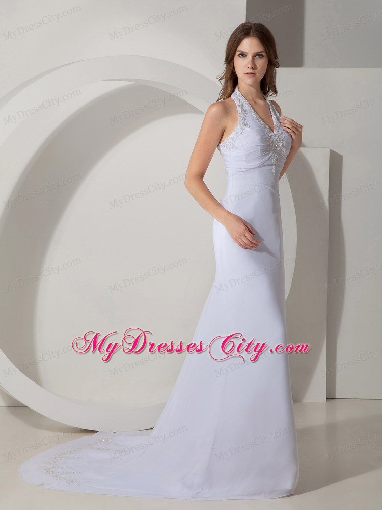 Halter Beaded Court Train Chiffon 2013 White Prom Dresses