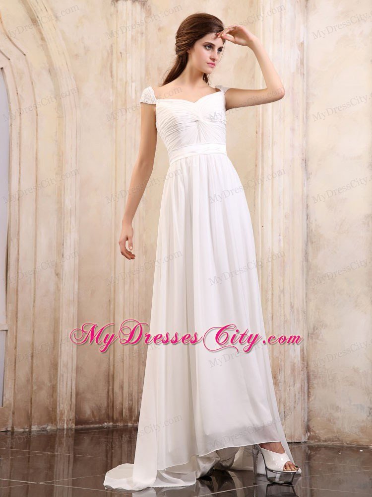 Chiffon Empire Ruching Square 2013 Prom Dresses With Cap Sleeves