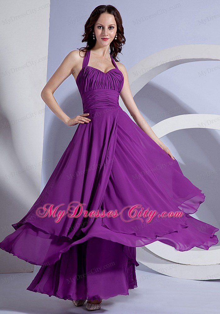 Simple Ruching Halter Ankle-length Purple Chiffon 2013 Prom Dress