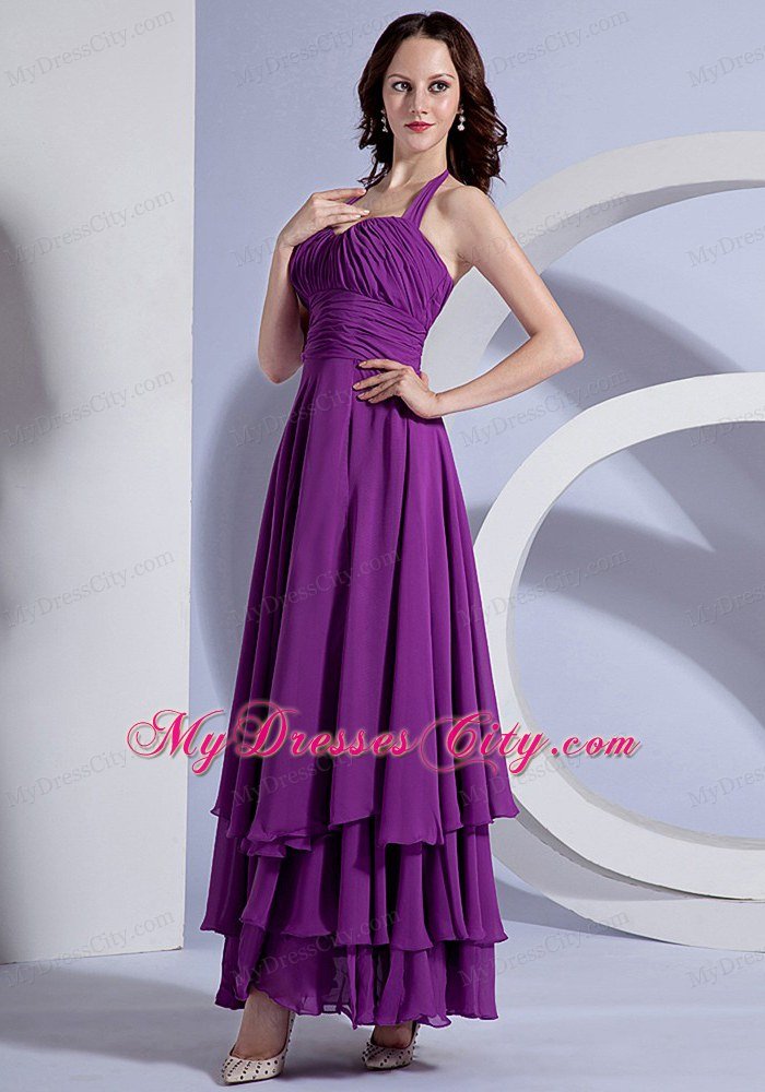 Simple Ruching Halter Ankle-length Purple Chiffon 2013 Prom Dress