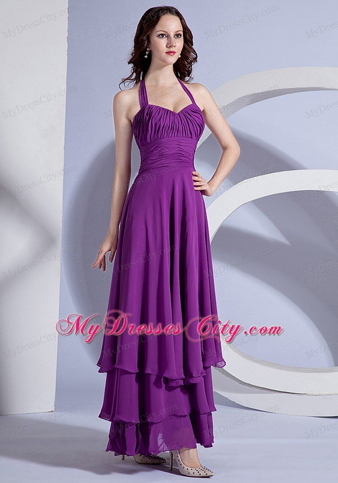 Simple Ruching Halter Ankle-length Purple Chiffon 2013 Prom Dress