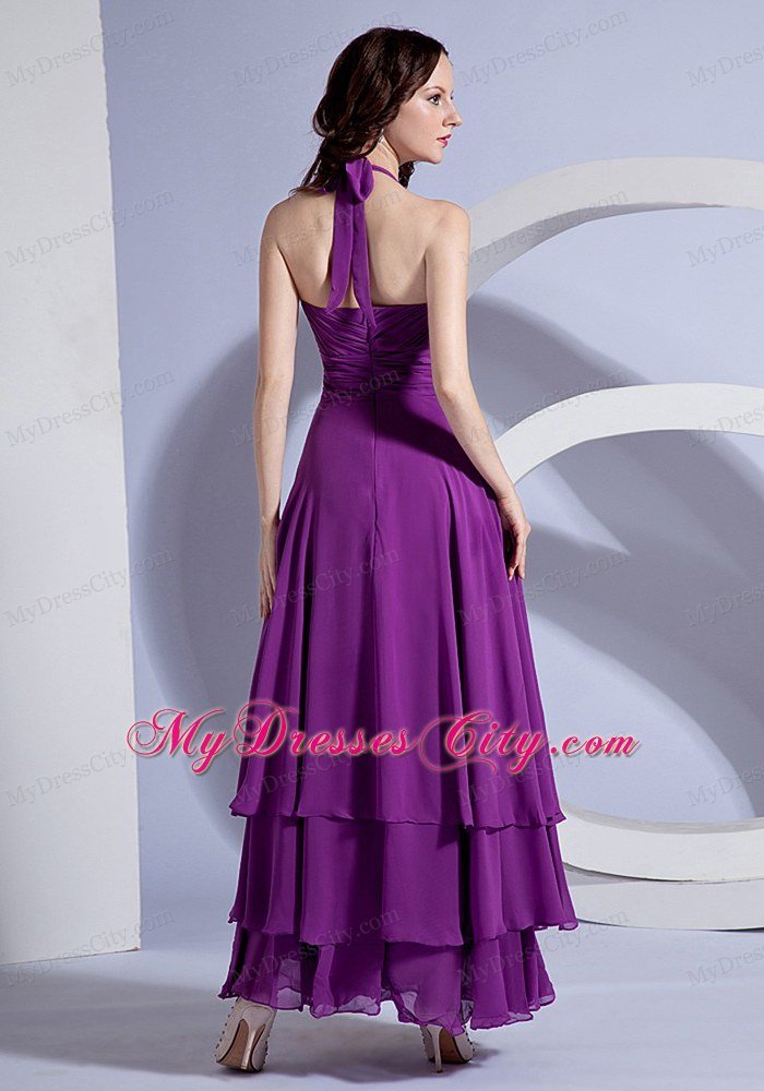 Simple Ruching Halter Ankle-length Purple Chiffon 2013 Prom Dress