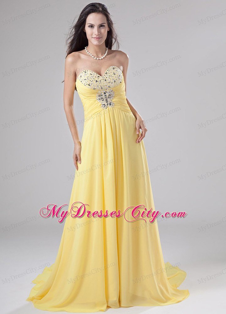 Beaded Chiffon Empire Sweetheart Brush Train Yellow Prom Dresses