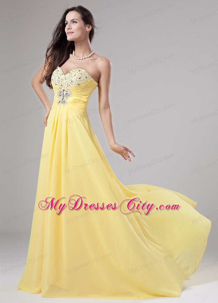 Beaded Chiffon Empire Sweetheart Brush Train Yellow Prom Dresses