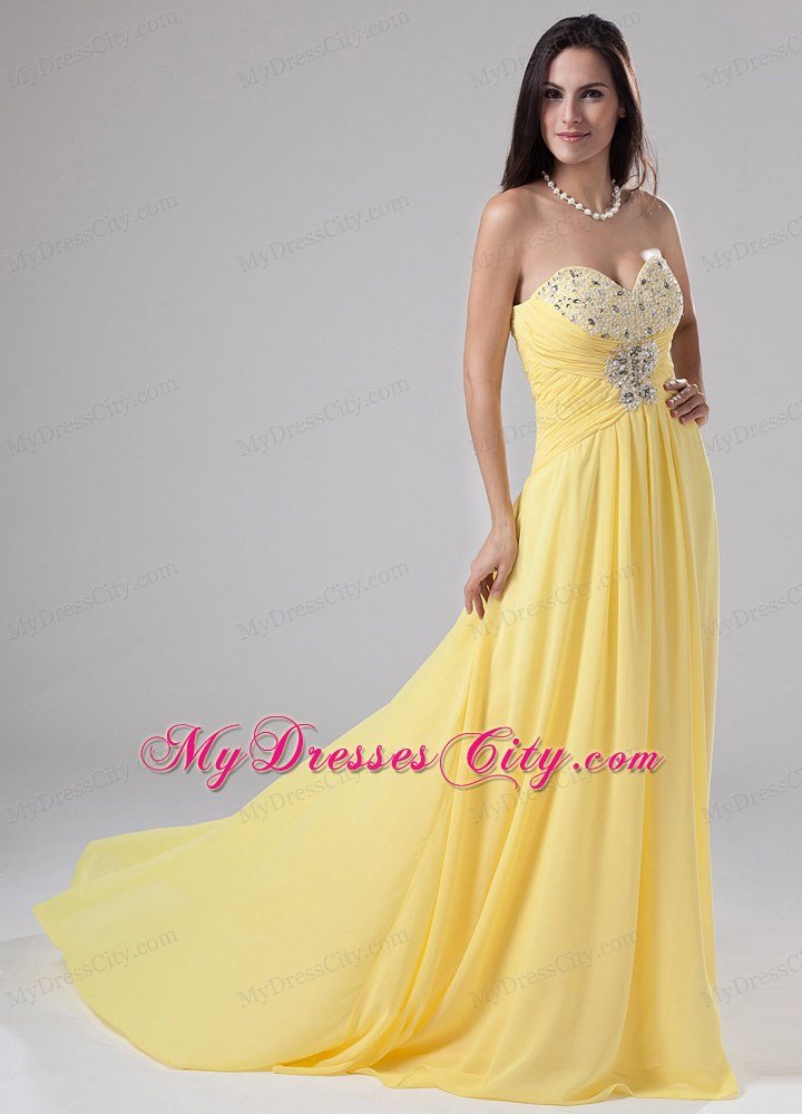 Beaded Chiffon Empire Sweetheart Brush Train Yellow Prom Dresses