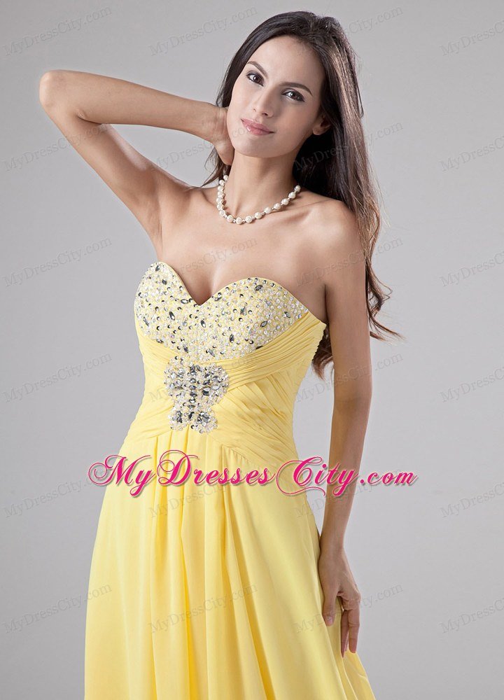 Beaded Chiffon Empire Sweetheart Brush Train Yellow Prom Dresses