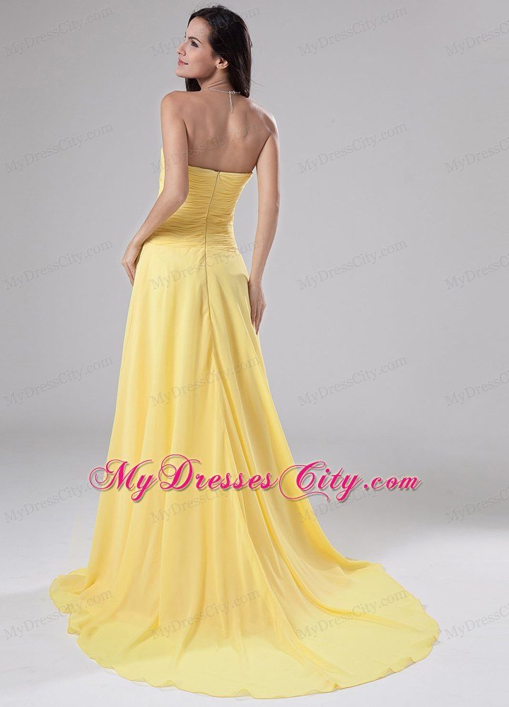 Beaded Chiffon Empire Sweetheart Brush Train Yellow Prom Dresses