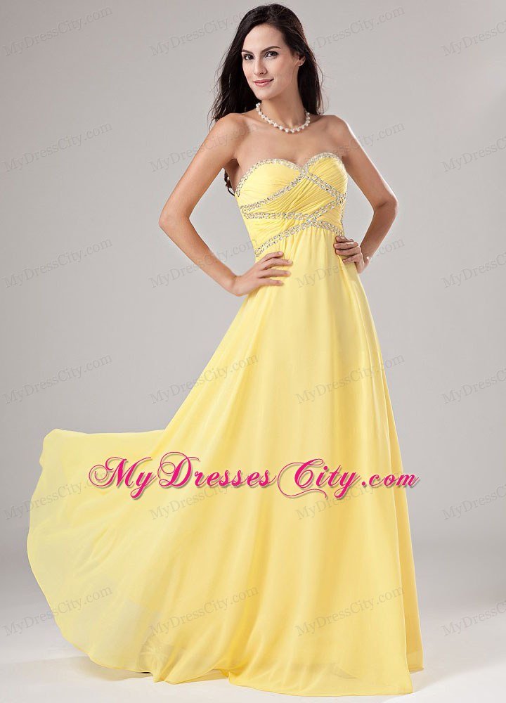 Empire Ruching Beaded Sweetheart Yellow Chiffon Prom Dresses