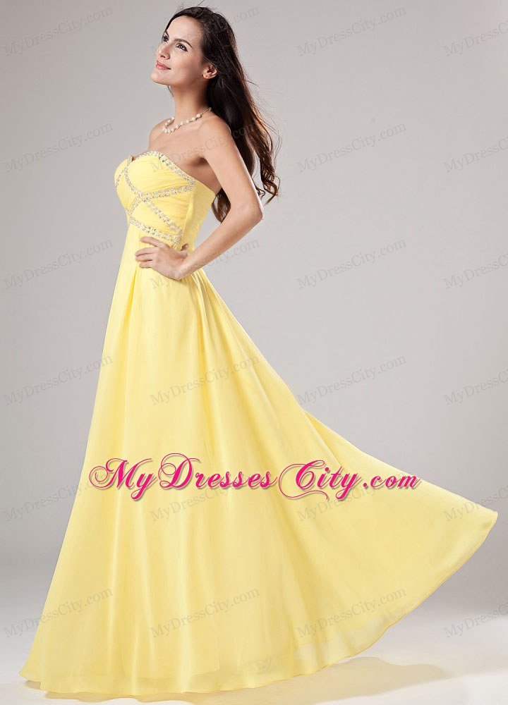 Empire Ruching Beaded Sweetheart Yellow Chiffon Prom Dresses