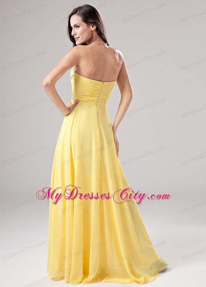 Empire Ruching Beaded Sweetheart Yellow Chiffon Prom Dresses