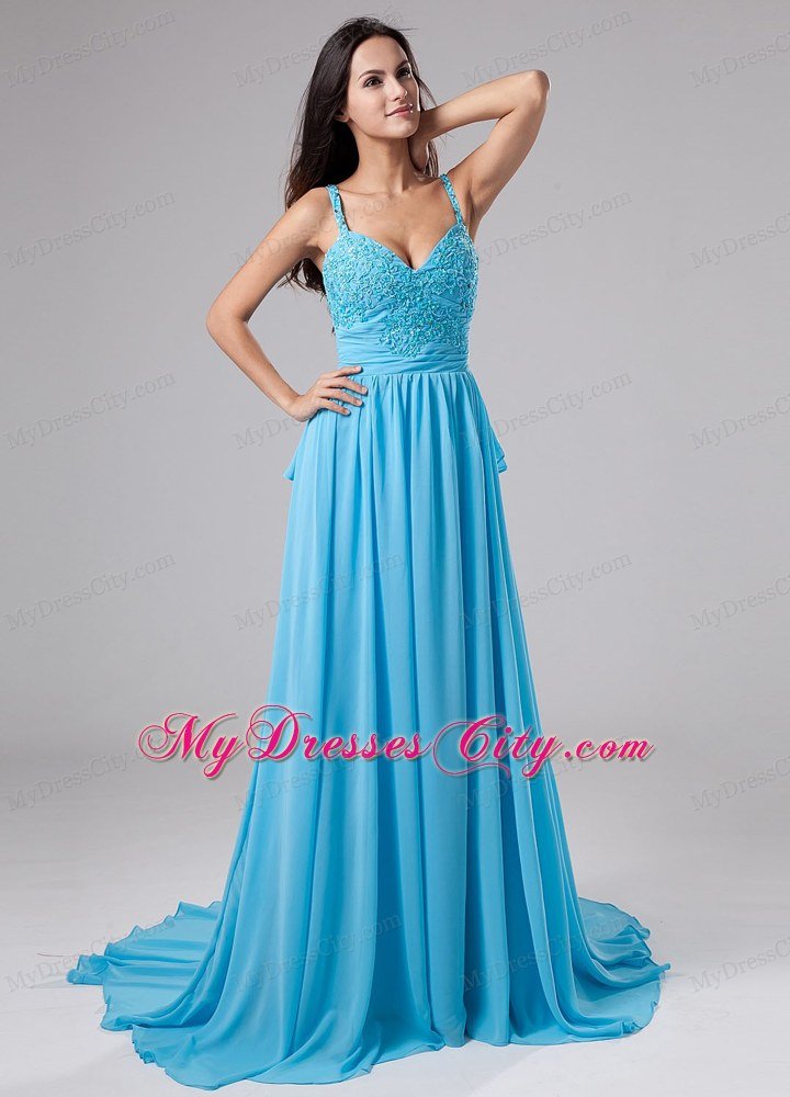 Empire Spaghetti Straps Court Train Aqua Blue Chiffon Prom Dress