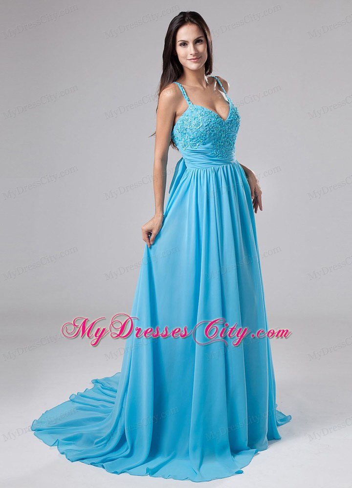 Empire Spaghetti Straps Court Train Aqua Blue Chiffon Prom Dress