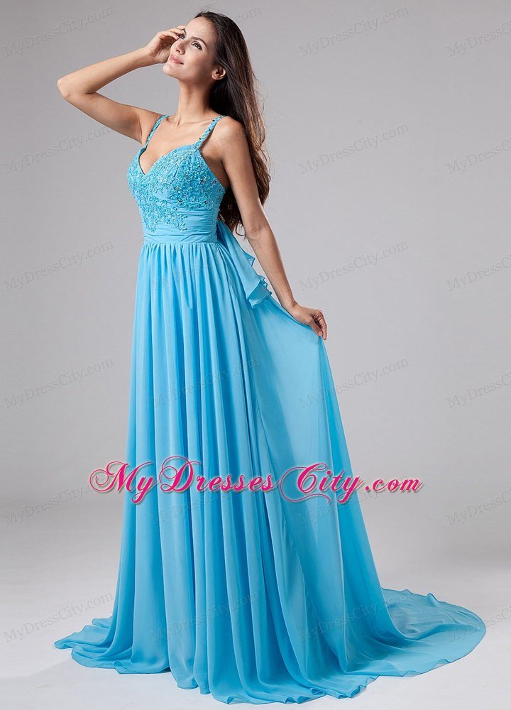 Empire Spaghetti Straps Court Train Aqua Blue Chiffon Prom Dress