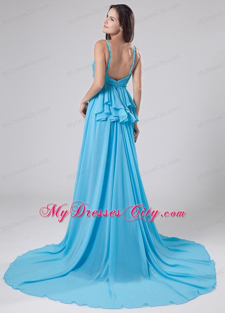 Empire Spaghetti Straps Court Train Aqua Blue Chiffon Prom Dress