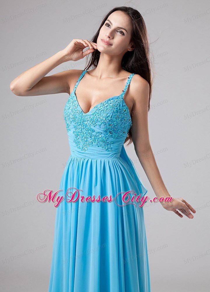 Empire Spaghetti Straps Court Train Aqua Blue Chiffon Prom Dress