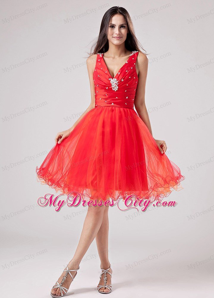 Beaded Organza Ruching V-neck 2013 Short Red Prom Dress