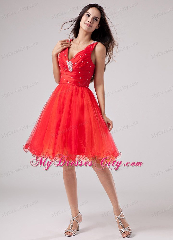 Beaded Organza Ruching V-neck 2013 Short Red Prom Dress