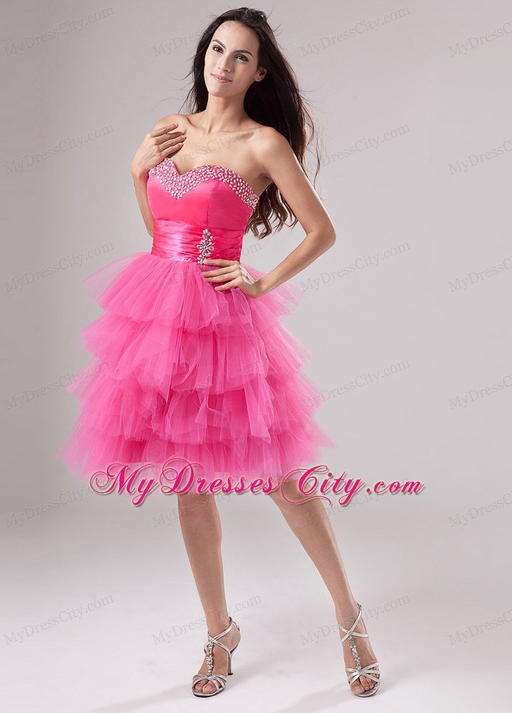 Tulle Ruffled Layers Sweetheart Beaded Hot Pink Prom Dress for Girls