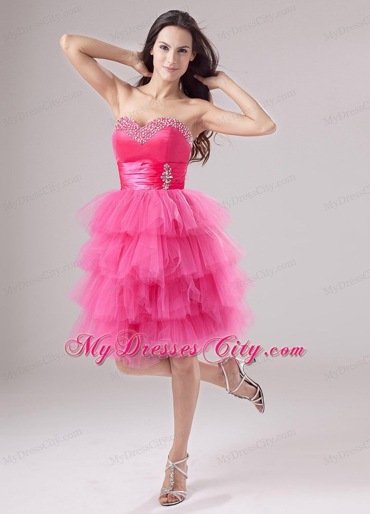 Tulle Ruffled Layers Sweetheart Beaded Hot Pink Prom Dress for Girls