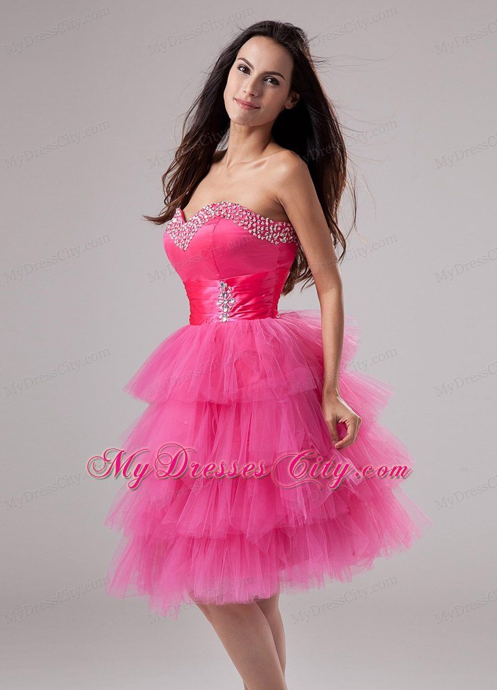 Tulle Ruffled Layers Sweetheart Beaded Hot Pink Prom Dress for Girls