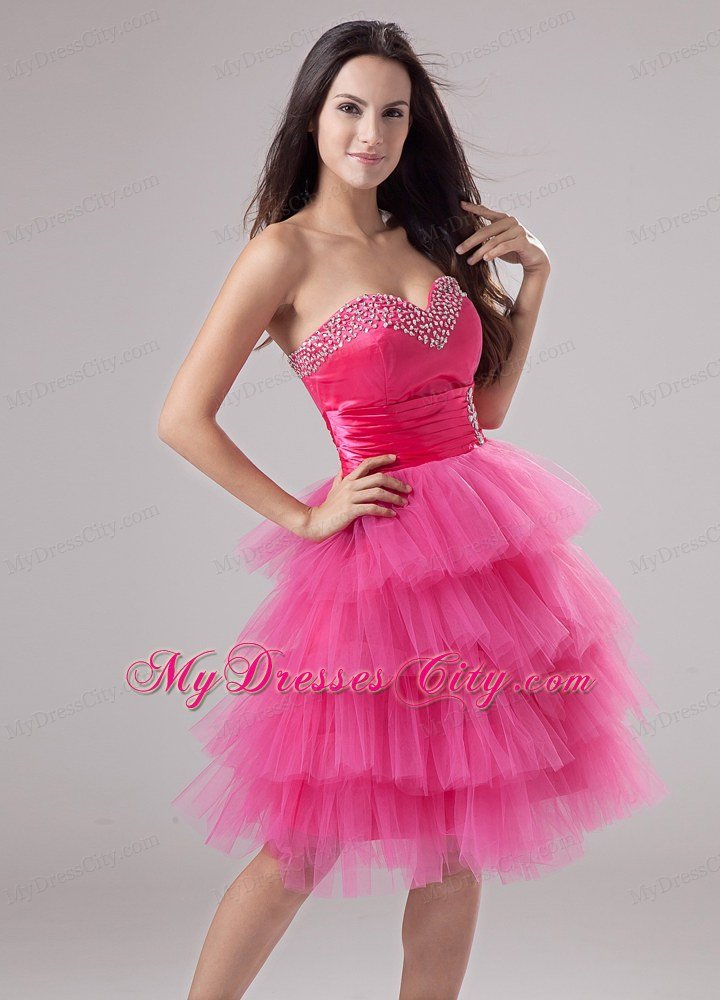 Tulle Ruffled Layers Sweetheart Beaded Hot Pink Prom Dress for Girls