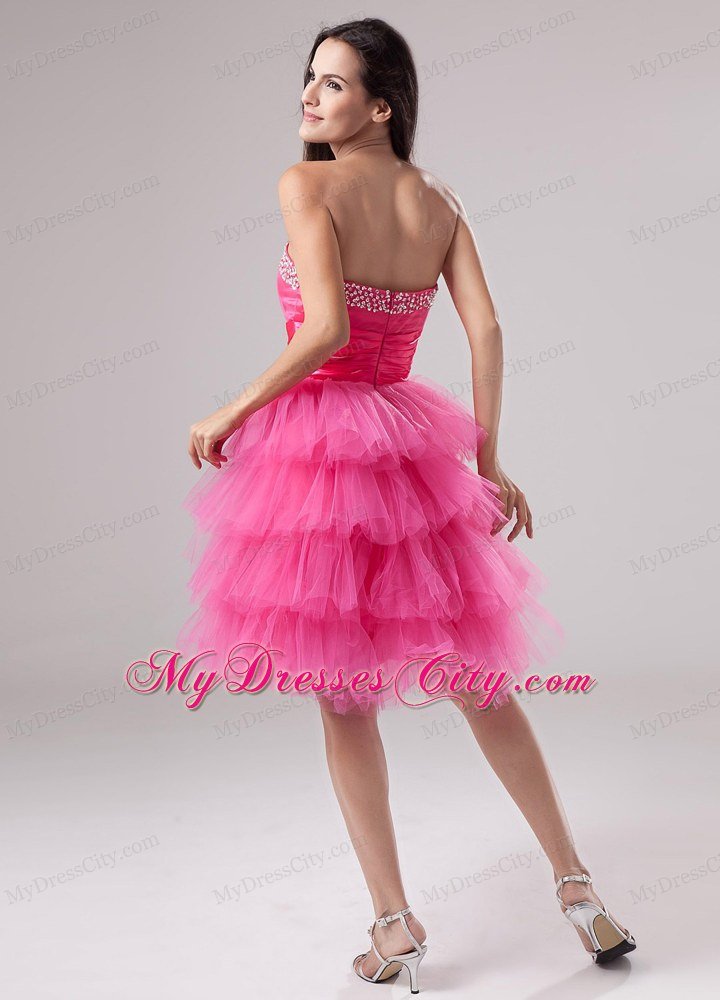 Tulle Ruffled Layers Sweetheart Beaded Hot Pink Prom Dress for Girls