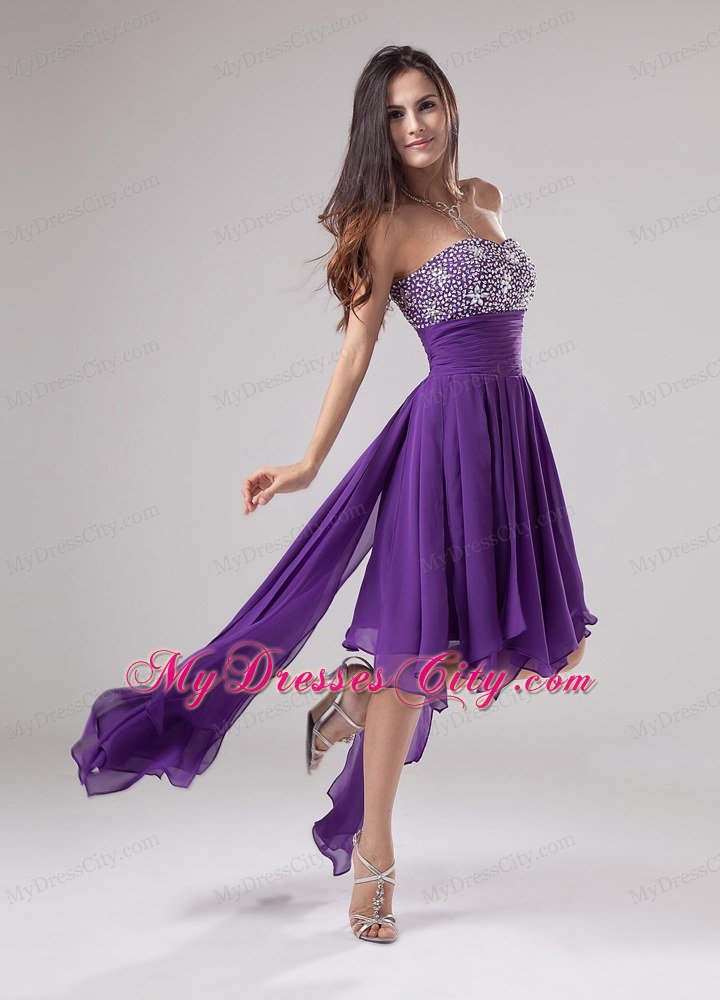 Strapless Beaded Chiffon Ruching High Low Purple Prom Dress