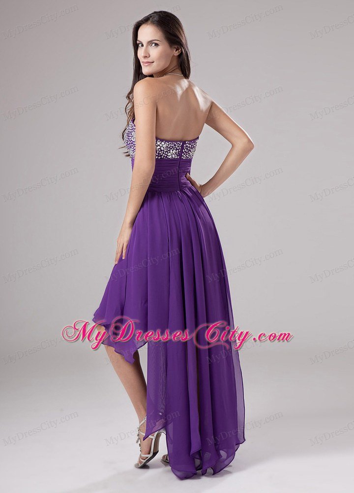 Strapless Beaded Chiffon Ruching High Low Purple Prom Dress