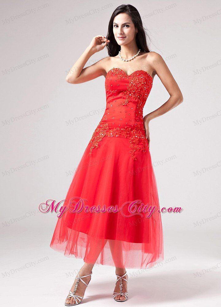 Ankle length Tulle Sweetheart Appliques With Beading Red Prom Dress