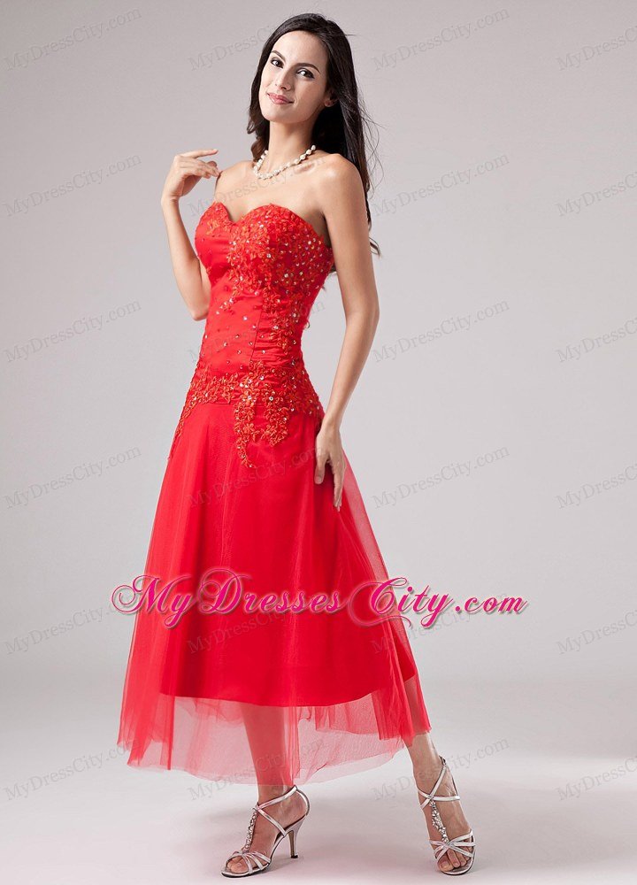 Ankle length Tulle Sweetheart Appliques With Beading Red Prom Dress