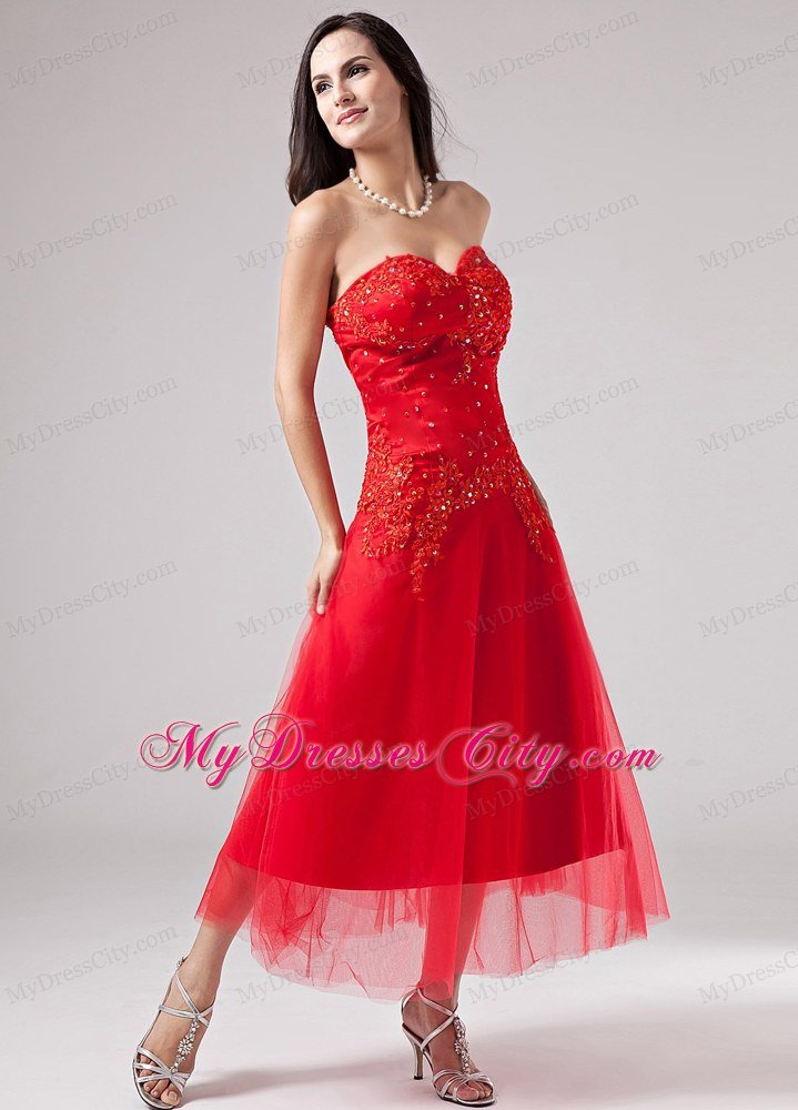 Ankle length Tulle Sweetheart Appliques With Beading Red Prom Dress