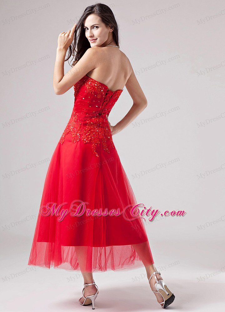 Ankle length Tulle Sweetheart Appliques With Beading Red Prom Dress