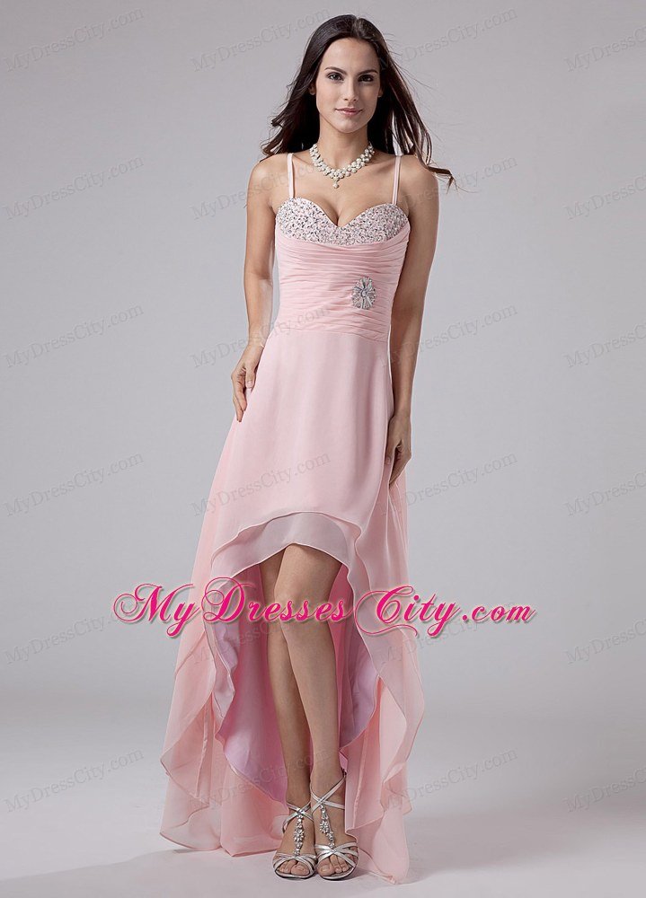 Baby Pink Beaded Spaghetti Straps Chiffon High-low Prom Dress