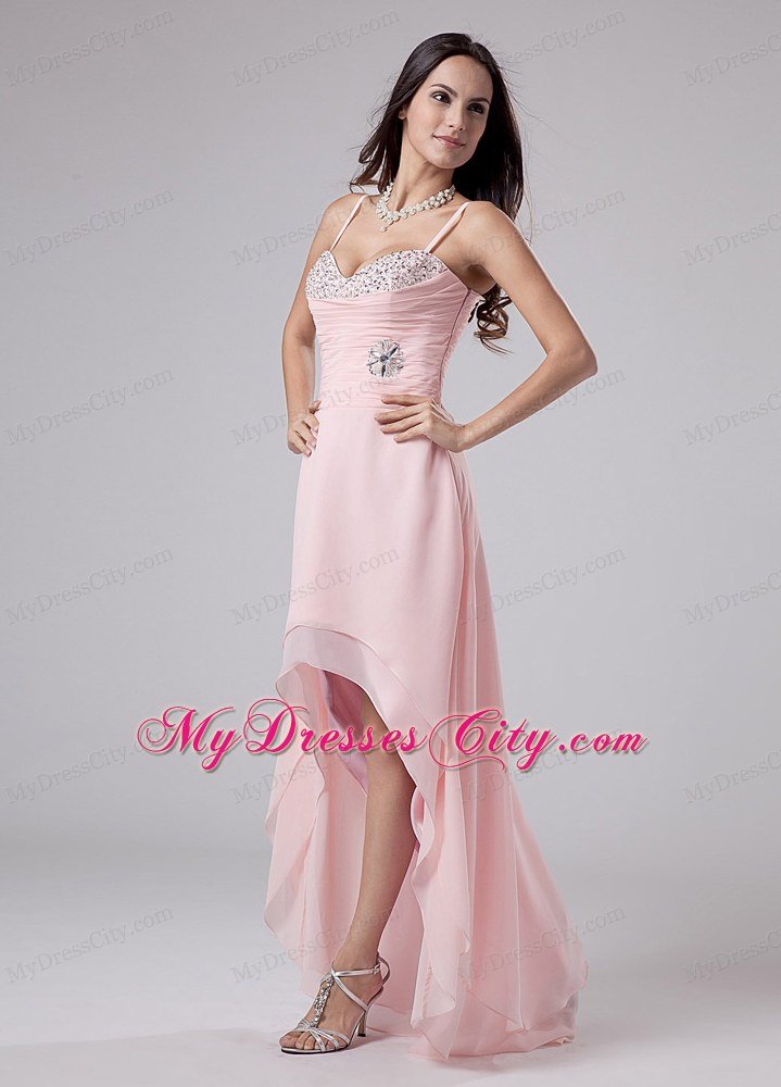 Baby Pink Beaded Spaghetti Straps Chiffon High-low Prom Dress