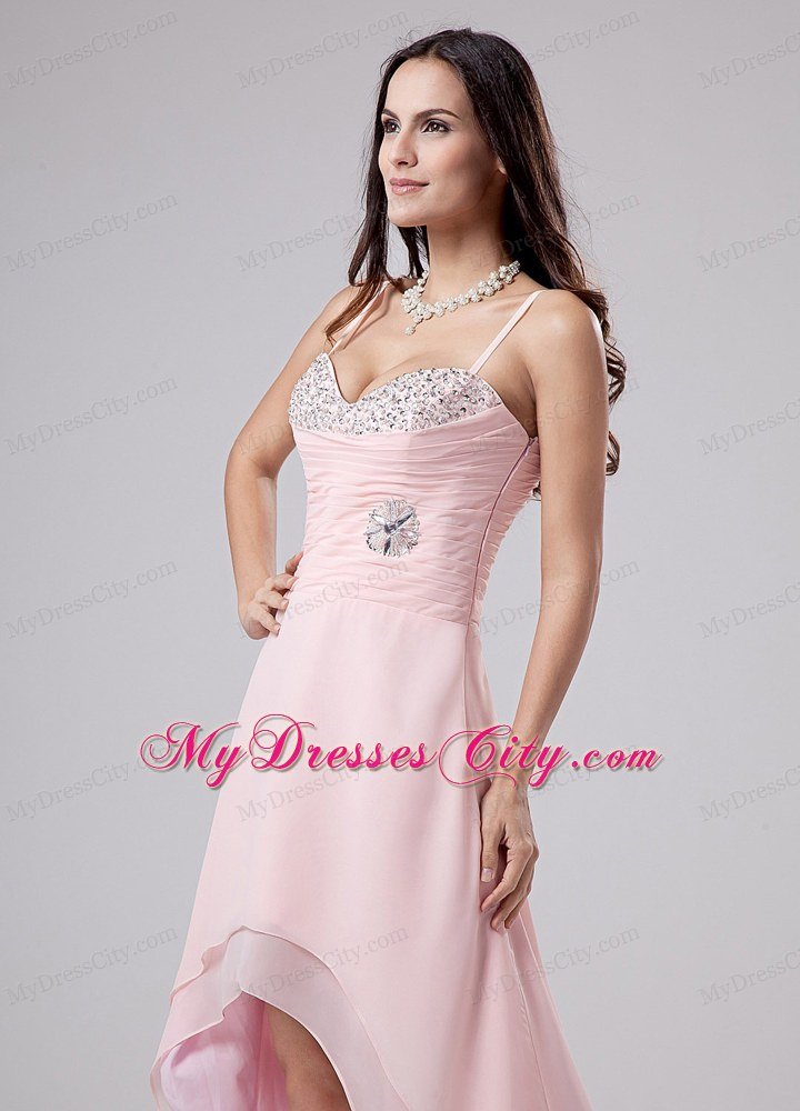 Baby Pink Beaded Spaghetti Straps Chiffon High-low Prom Dress