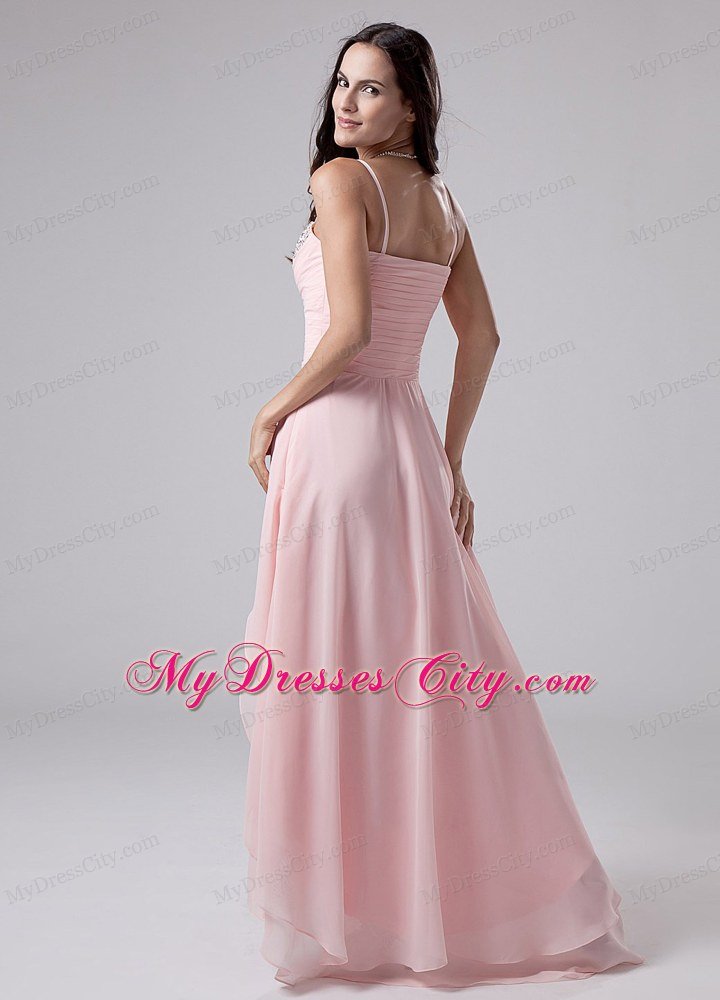 Baby Pink Beaded Spaghetti Straps Chiffon High-low Prom Dress