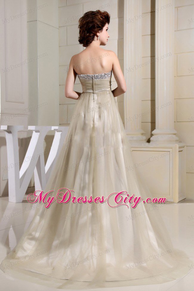 Sweetheart Beaded A-line Tulle Brush Train Prom Dress for Women